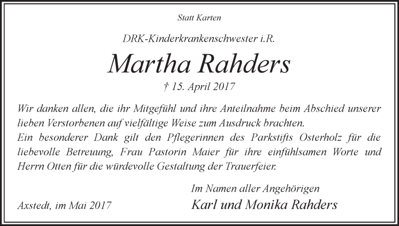Traueranzeige von Martha Rahders von Osterholzer Kreisblatt