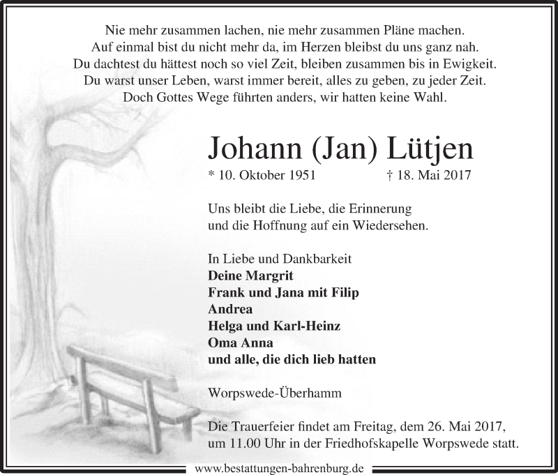Traueranzeige von Johann Lütjen von Wuemme Zeitung