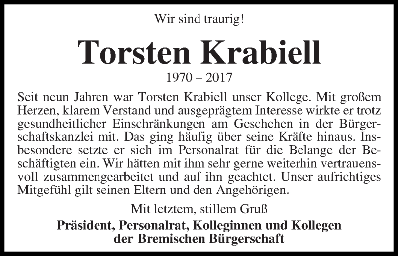  Traueranzeige für Torsten Krabiell vom 06.05.2017 aus WESER-KURIER