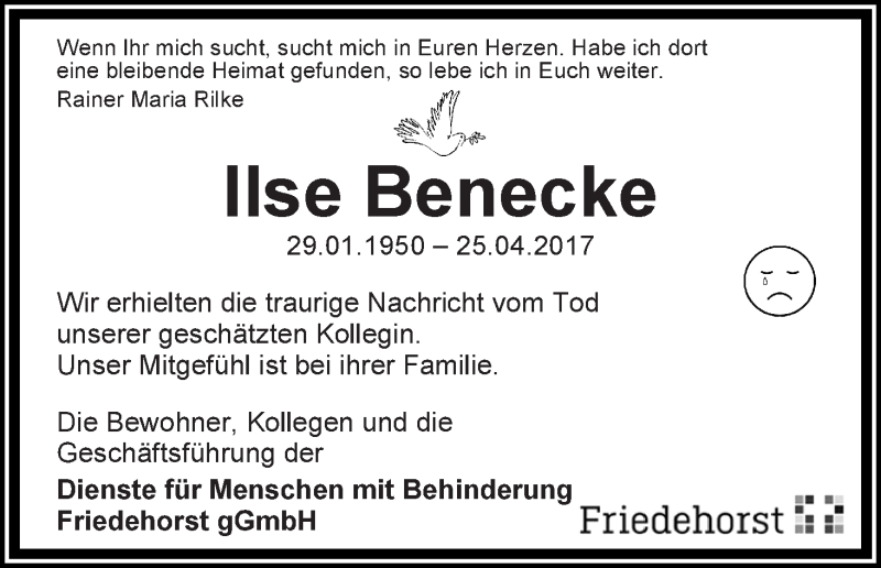 Traueranzeige von Ilse Benecke von WESER-KURIER