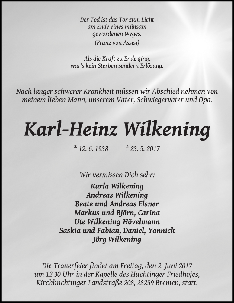  Traueranzeige für Karl-Heinz Wilkening vom 30.05.2017 aus WESER-KURIER
