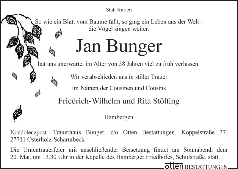 Traueranzeige von Jan Bunger von Osterholzer Kreisblatt
