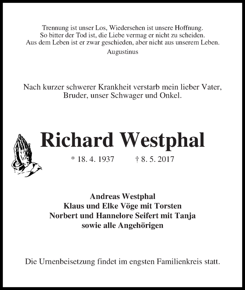 Traueranzeige von Richard Westphal von WESER-KURIER