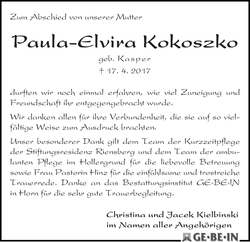 Traueranzeige von Paula-Elvira Kokoszko von WESER-KURIER