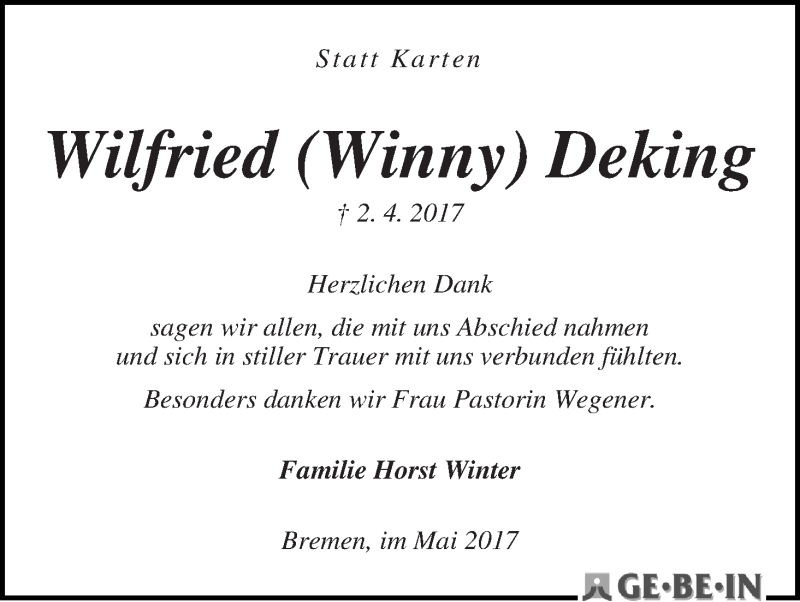 Traueranzeige von Wilfried  Deking von WESER-KURIER