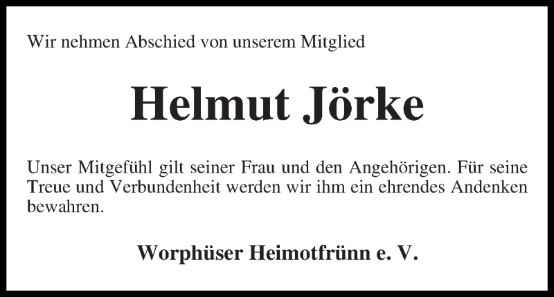 Traueranzeige von Helmut Jörke von Wuemme Zeitung