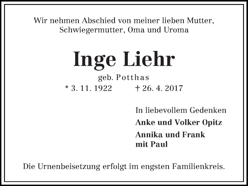Traueranzeige von Inge Liehr von WESER-KURIER