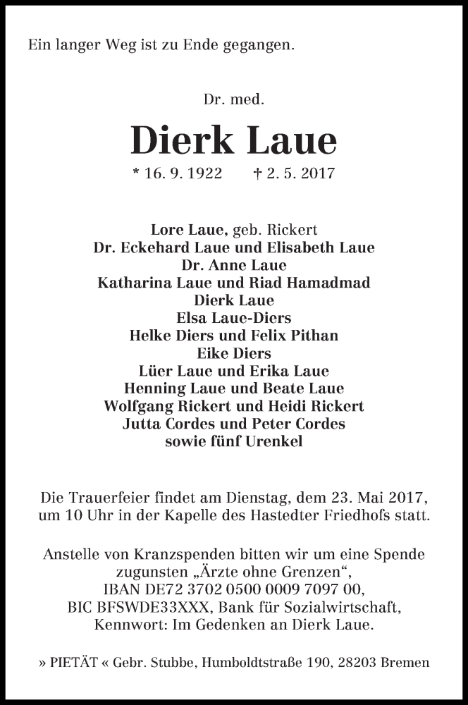 Traueranzeige von Dierk Laue von WESER-KURIER