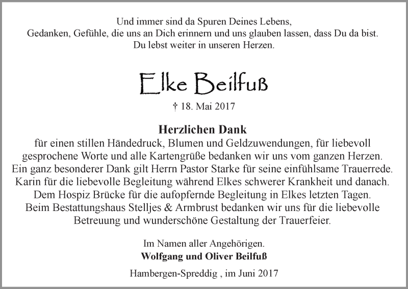 Traueranzeige von Elke Beilfuß von Osterholzer Kreisblatt