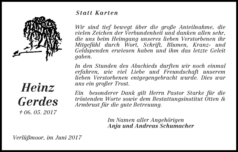 Traueranzeige von Heinz Gerdes von Osterholzer Kreisblatt