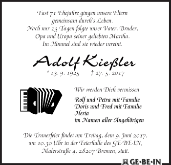 Traueranzeige von Adolf Kießler