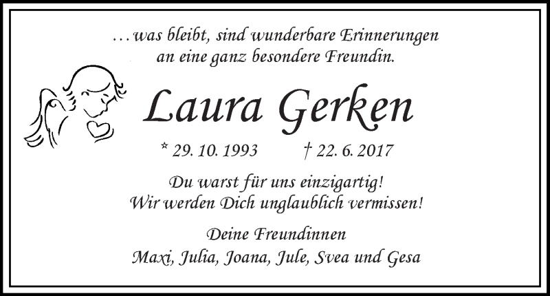  Traueranzeige für Laura Gerken vom 27.06.2017 aus Wuemme Zeitung