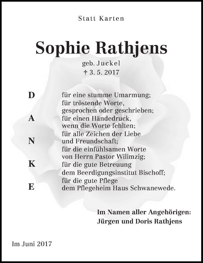Traueranzeige von Sophie Rathjens von Die Norddeutsche