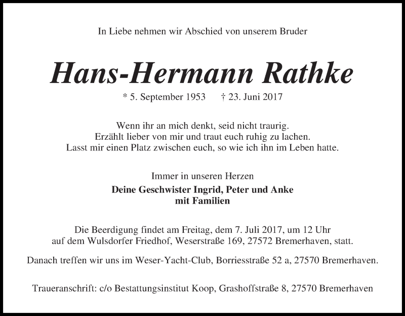  Traueranzeige für Hans-Hermann Rathke vom 30.06.2017 aus WESER-KURIER