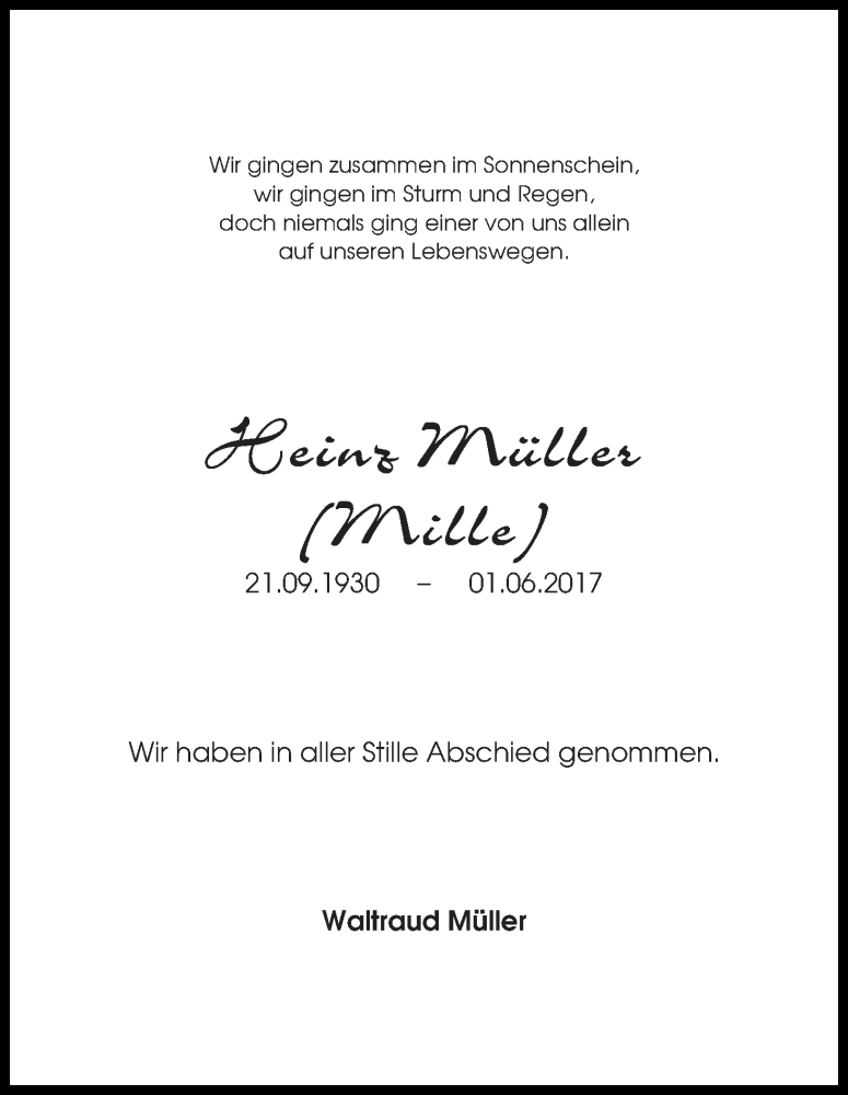 Traueranzeige von Heinz (Mille) Müller von Die Norddeutsche