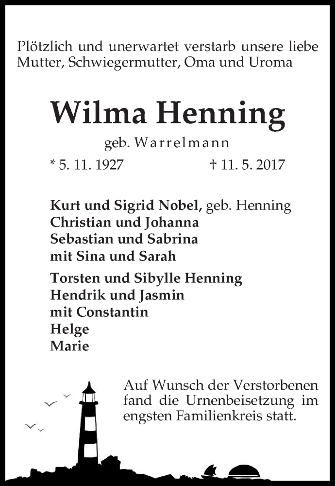 Traueranzeige von Wilma Henning von WESER-KURIER