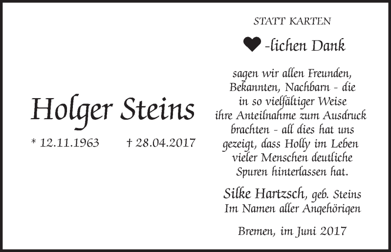  Traueranzeige für Holger Steins vom 10.06.2017 aus WESER-KURIER