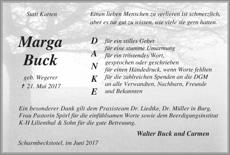  Traueranzeige für Marga Buck vom 24.06.2017 aus Osterholzer Kreisblatt
