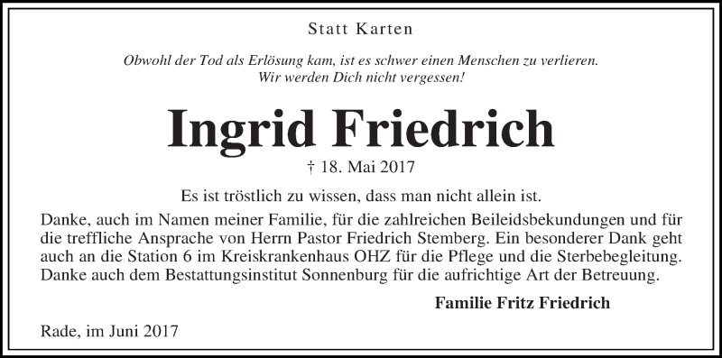 Traueranzeige von Ingrid Friedrich von Die Norddeutsche