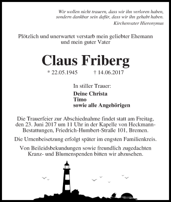 Traueranzeige von Claus Friberg