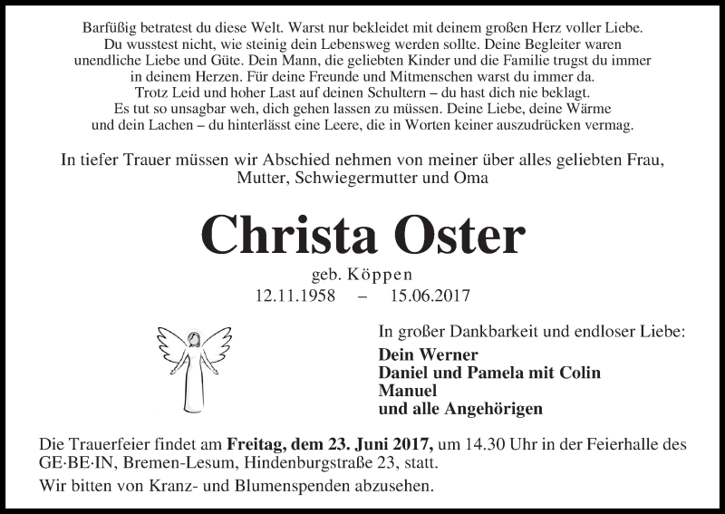 Traueranzeige von Christa Oster von Die Norddeutsche