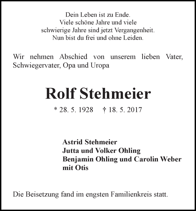  Traueranzeige für Rolf Stehmeier vom 03.06.2017 aus WESER-KURIER