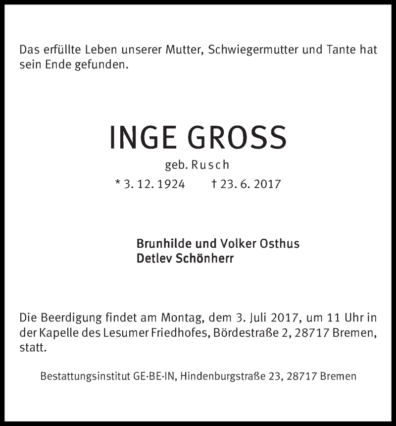  Traueranzeige für Inge Gross vom 29.06.2017 aus WESER-KURIER
