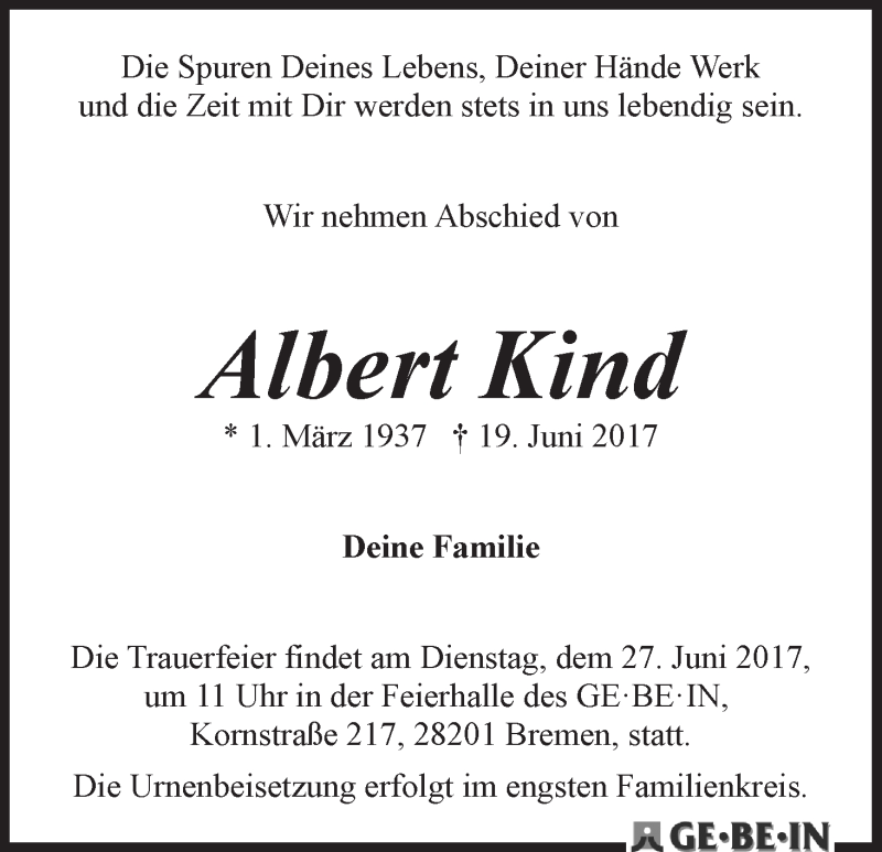  Traueranzeige für Albert Kind vom 24.06.2017 aus WESER-KURIER