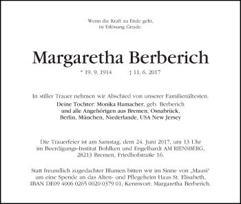 Traueranzeige von Margaretha Berberich