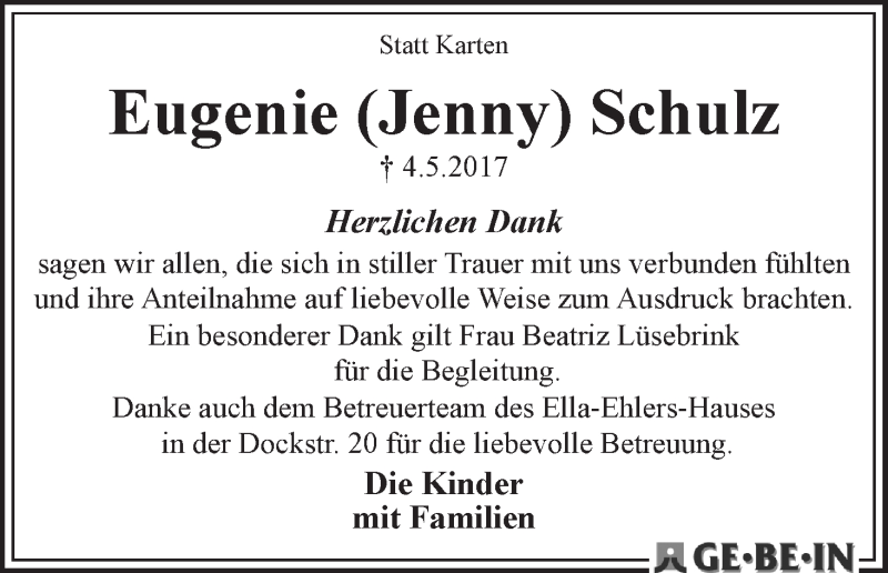 Traueranzeige von Eugenie (Jenny) Schulz von WESER-KURIER