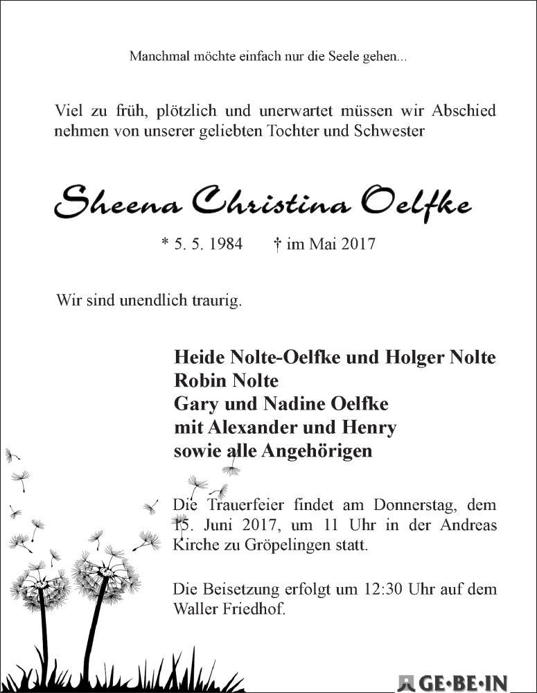  Traueranzeige für Sheena Christina Oelfke vom 12.06.2017 aus WESER-KURIER