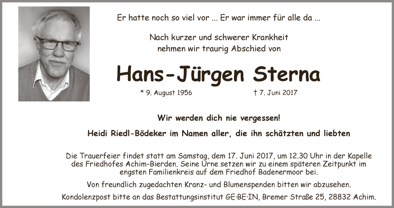  Traueranzeige für Hans-Jürgen Sterna vom 10.06.2017 aus Osterholzer Kreisblatt
