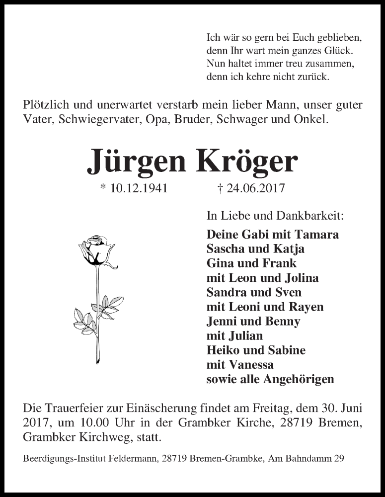  Traueranzeige für Jürgen Kröger vom 28.06.2017 aus WESER-KURIER