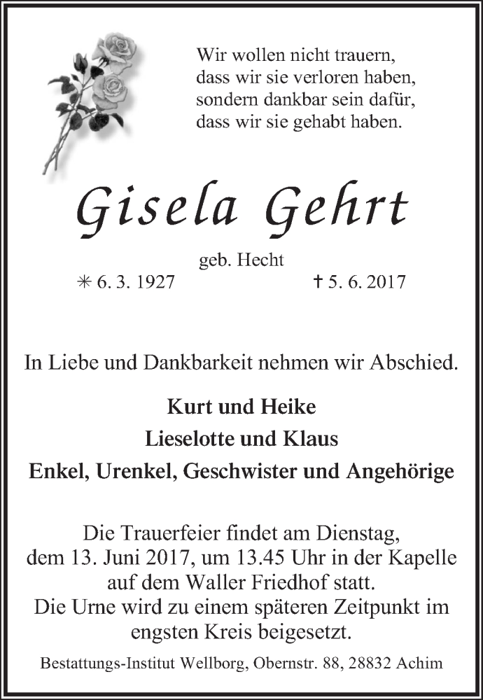 Traueranzeige von Gisela Gehrt von WESER-KURIER