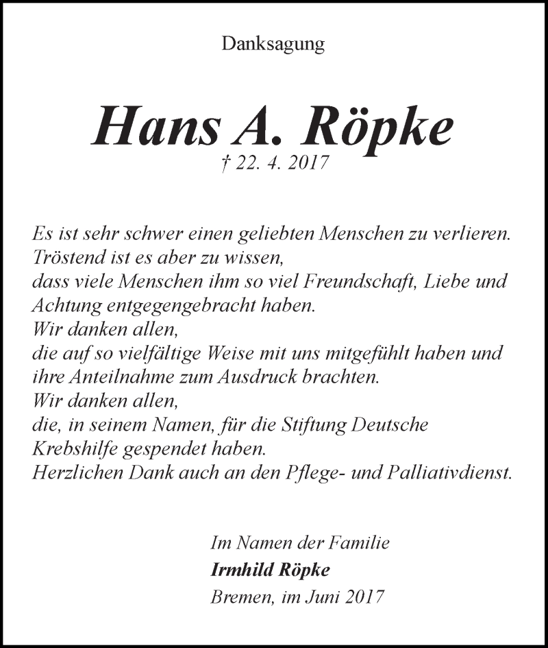 Traueranzeige von Hans A. Röpke von WESER-KURIER