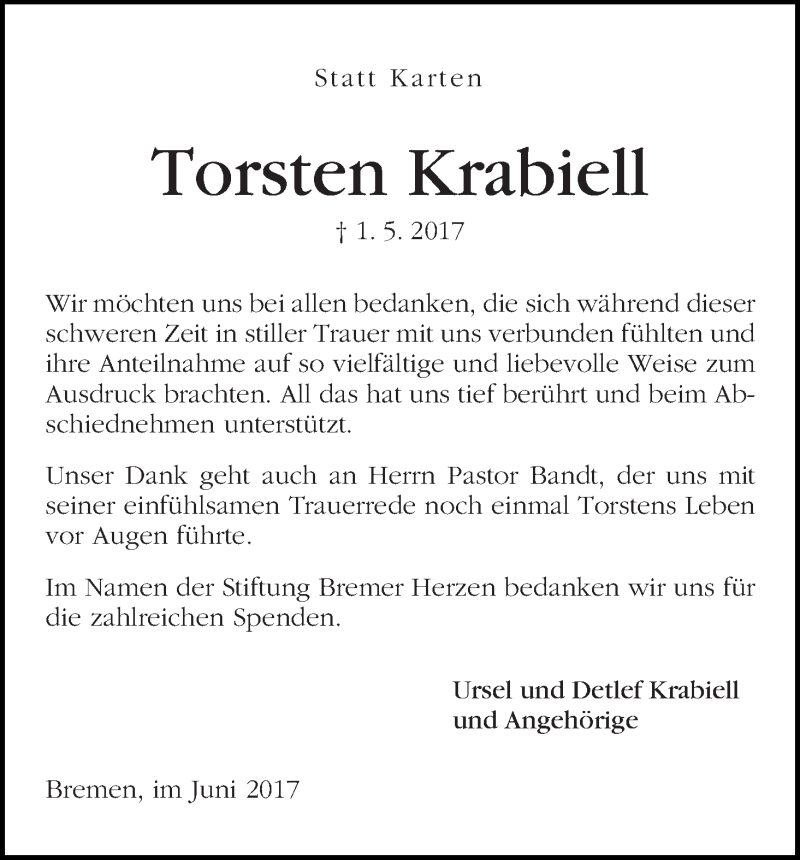 Traueranzeige von Torsten Krabiell von WESER-KURIER
