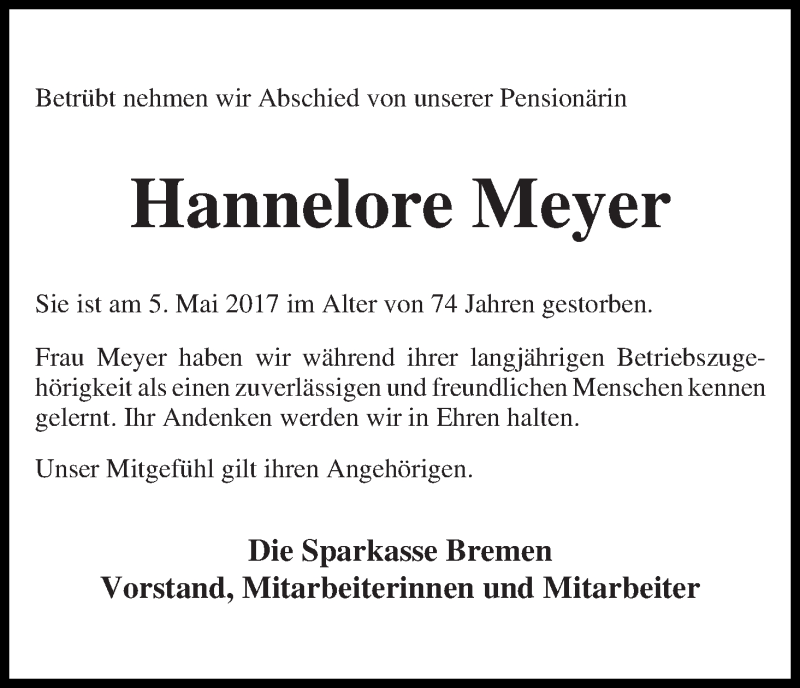Traueranzeige von Hannelore Meyer von WESER-KURIER