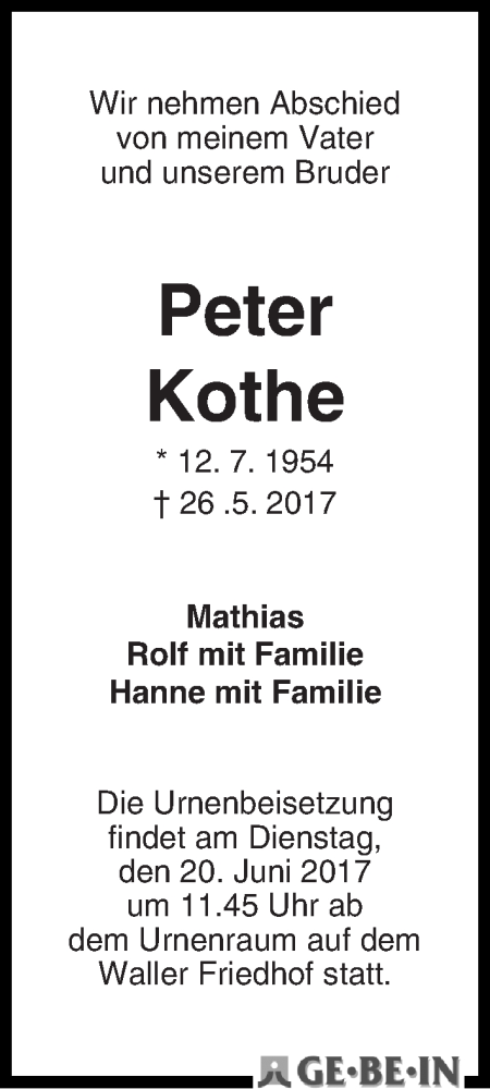  Traueranzeige für Peter Kothe vom 03.06.2017 aus WESER-KURIER