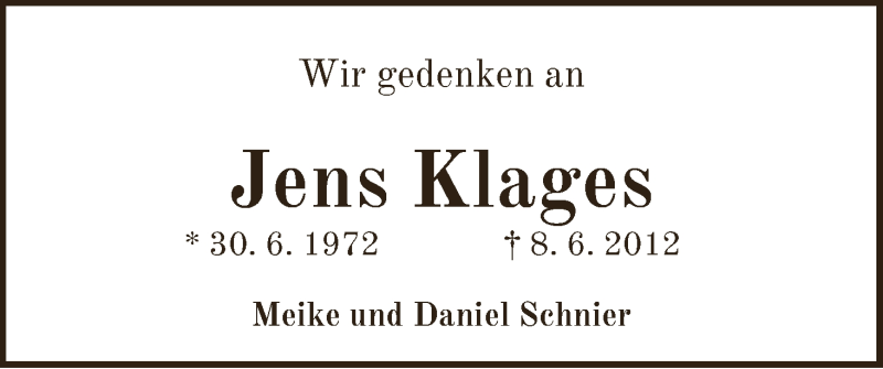  Traueranzeige für Jens Klages vom 08.06.2017 aus WESER-KURIER