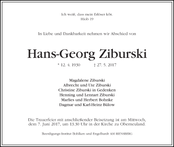 Traueranzeige von Hans-Georg Ziburski