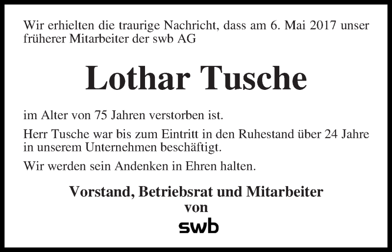 Traueranzeige von Lothar Tusche von WESER-KURIER