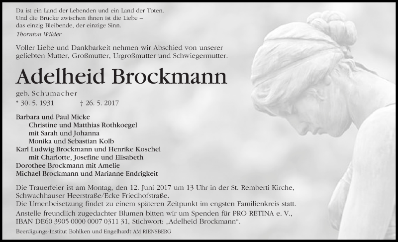  Traueranzeige für Adelheid Brockmann vom 03.06.2017 aus WESER-KURIER