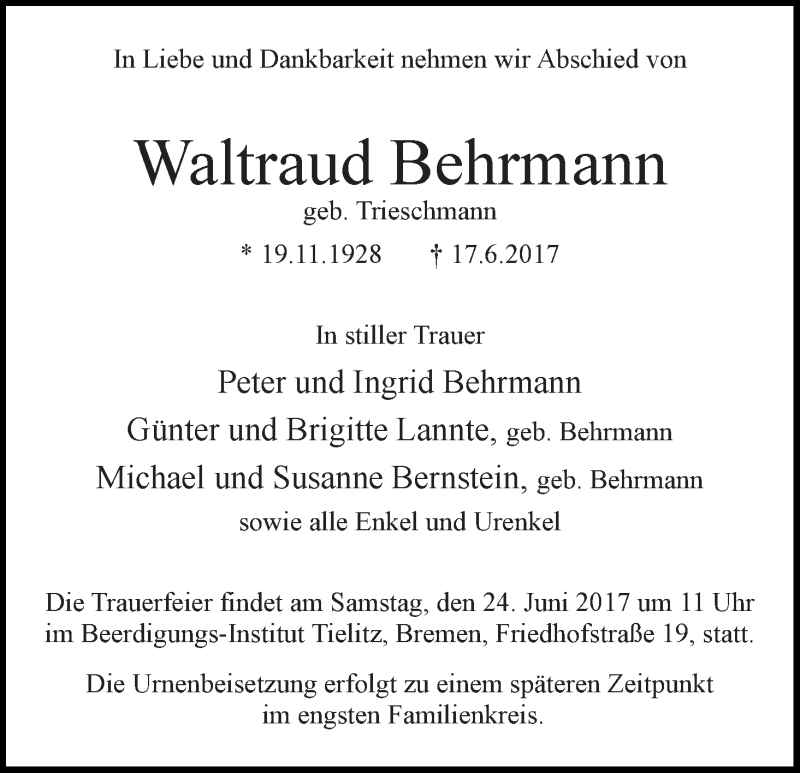 Traueranzeige von Waltraud Behrmann von WESER-KURIER