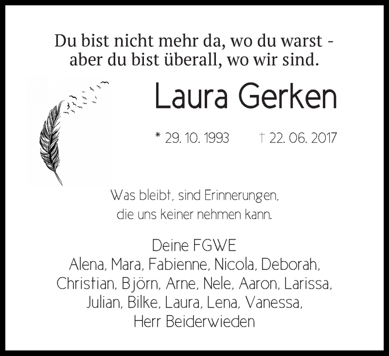  Traueranzeige für Laura Gerken vom 30.06.2017 aus Wuemme Zeitung