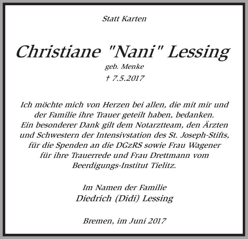 Traueranzeige von Christiane  Lessing von WESER-KURIER