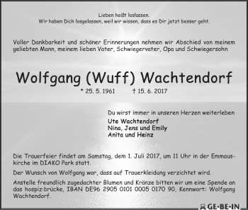 Traueranzeige von Wolfgang (Wuff) Wachtendorf