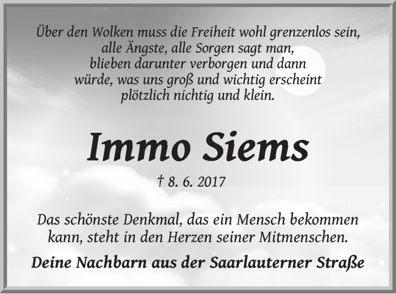  Traueranzeige für Immo Siems vom 17.06.2017 aus WESER-KURIER