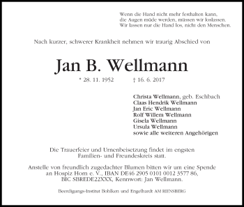 Traueranzeige von Jan B. Wellmann