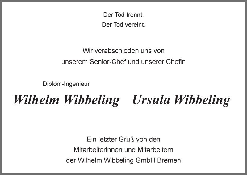 Traueranzeige von Wilhelm  Wibbeling von WESER-KURIER