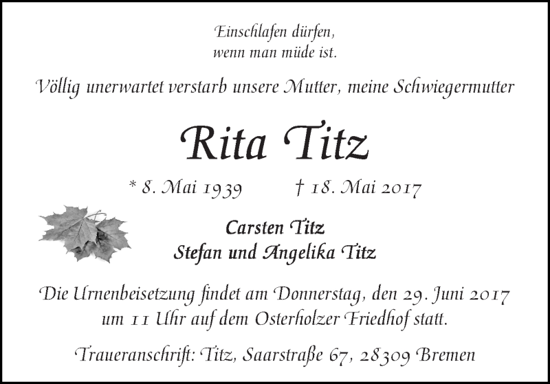 Traueranzeige von Rita Titz von WESER-KURIER